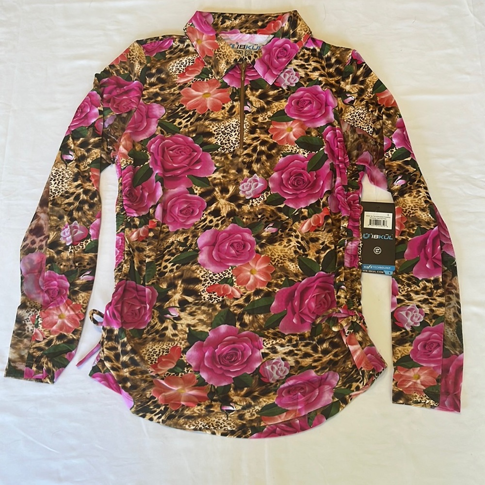 Ibkul Zip Polo with Adjustable Drawstring Size S in Jovanna Tan/ Hot Pink NWT